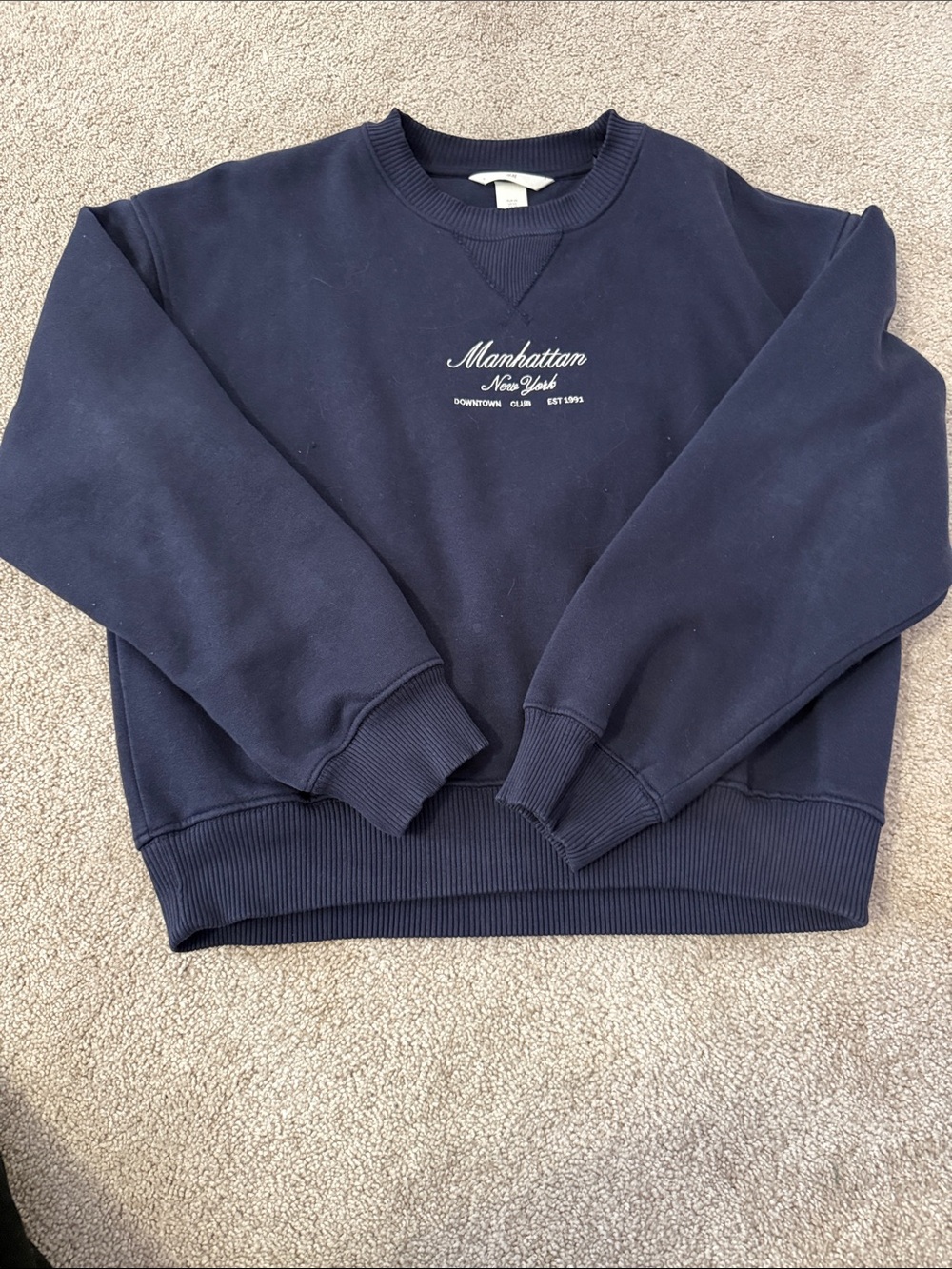 H&M Navy Crewneck Sweatshirt with 'Manhattan New York' Embroidery